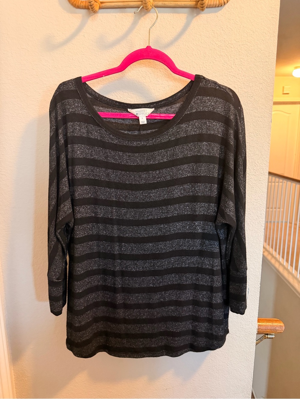 Market & Spruce Black Metallic-Striped Long Sleeve Tee